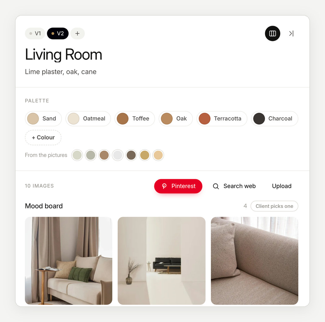 A living room mood board with its palette