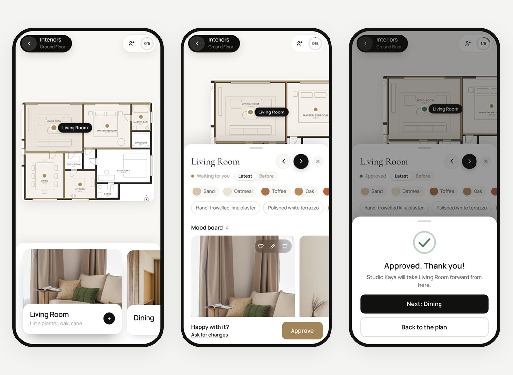 The client's design book on a phone, approving a room