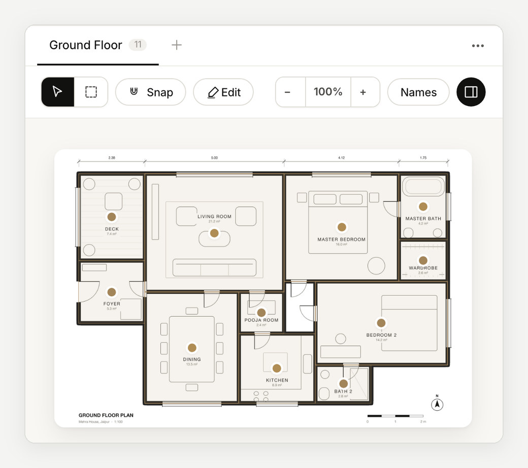 A floor plan in Enfilade, each room marked